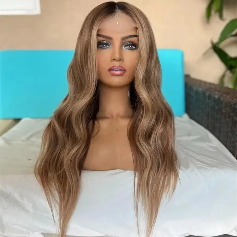 

Ombré Honey Brown Blonde Synthetic HD Lace Front Wig Balayage PrePlucked Hairline Slightly Wavy Long Soft Hair Wig For Women