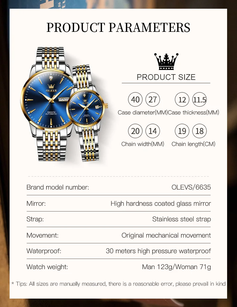 OLEVS 6635 Luxury Brand Couple Watch Chronograph Date Automatic Mechanical Wristwatch Waterproof Stainless Steel Watch for Lover