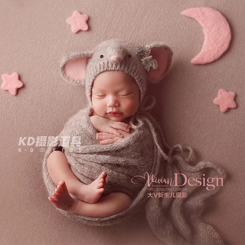 Baby Elephant Hat with Matching Swaddle Posing Blanket Newborn Photography Props Cute Bunny Toy Studio Photoshoot Accessories