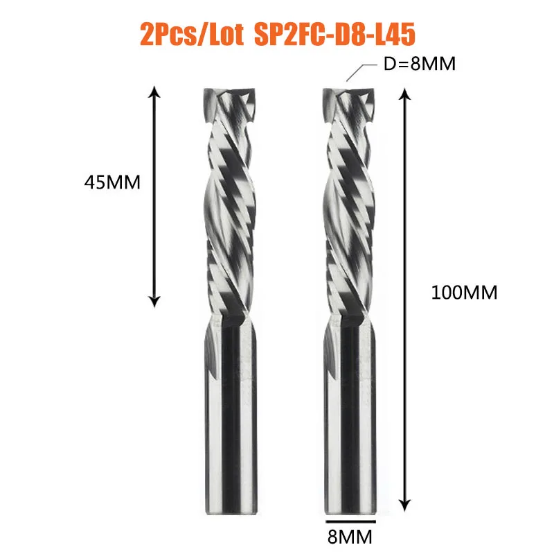 2 STUKS/SET Compressiefrees Houtbewerking Twee-snijdende Op & Neer Spirale Carbide Frees Routerbits Houtfrees