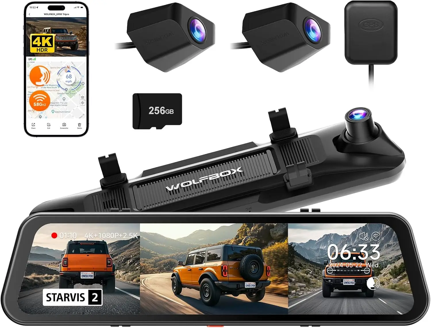 WOLFBOX G900 3カメラ 4K バックミラー型ドライブレコーダー