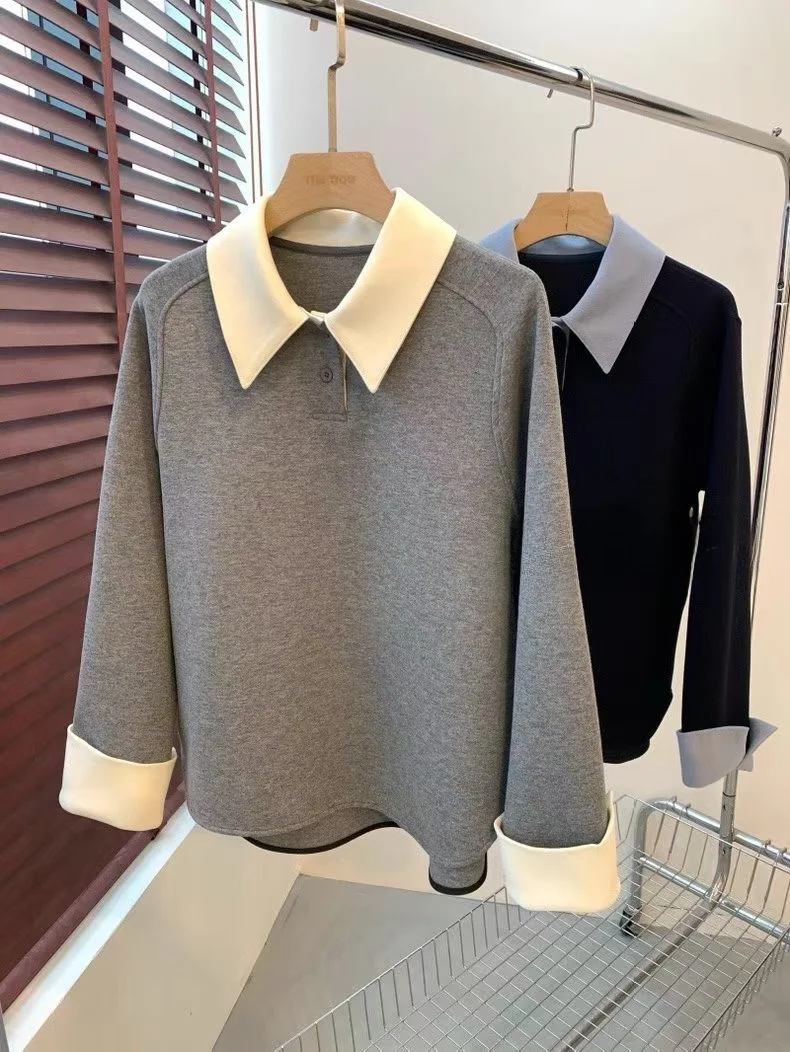 Color Block  Neck Long Sleeve Sweatshirt Shirt Style Casual Knitted Top Creative Loose Fit Daily Wear Pure Color