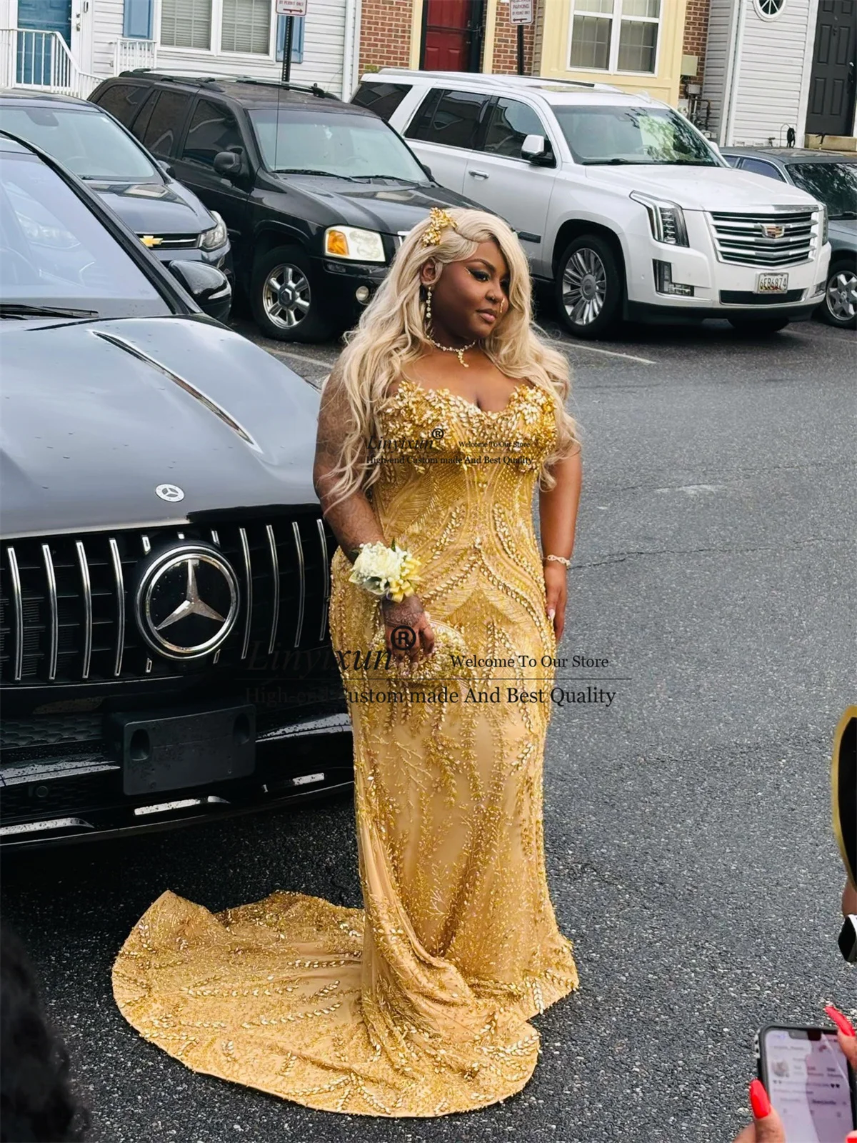 Sparkly Beaded Diamond Mermaid Prom Dress Customized Long Birthday Evening Gala Gown Aso Ebi 3D Floar Wedding Party Dress