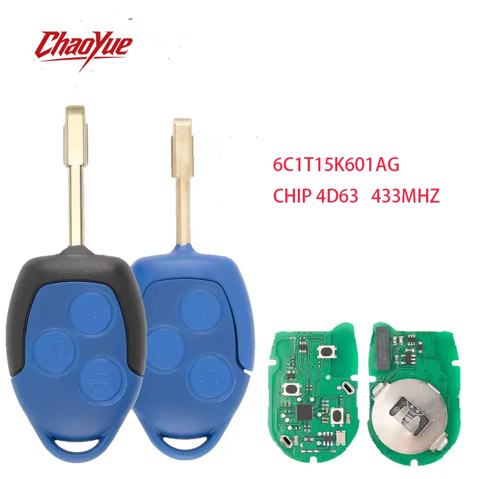 ChaoYue P/N: 6C1T15K601AG 3 Button 433Mhz 4D63 Chip Remote Car Key For Ford Transit WM VM 2006-2014 P/N Blue/Black FO21 Blad