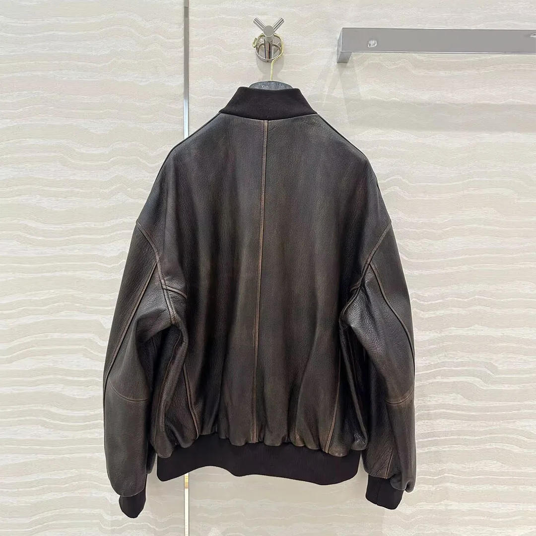 Vintage Distressed Wax Gedrukt Bruine Schapenvacht Leren Jas Dames Ronde Hals Lange Mouw Single Breasted Bomber Streetwear Jas