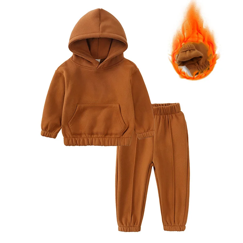 Children Fleece Winter Outfit Toddler Cotton Solid Hoodies Pullover Sweatshirt Pants Tracksuit Set Kids Boy Girl Warm Sweatsuits