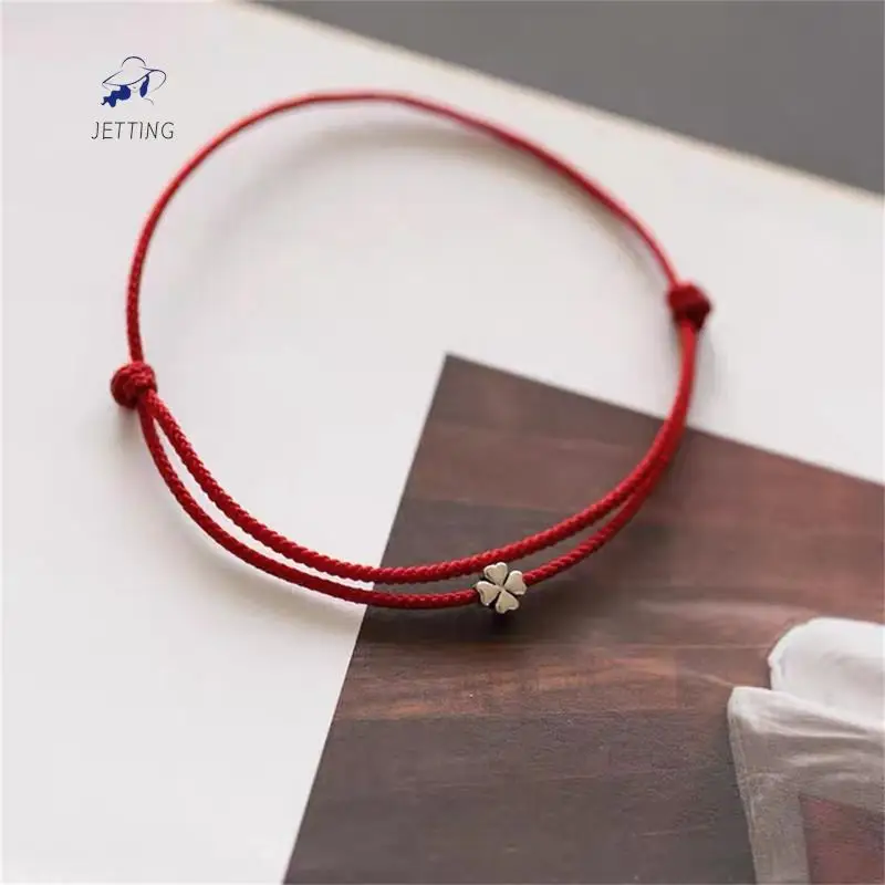 1PC Red Rope Four-leaf Clover Red Thread String Bracelet Woven Anklet Lucky Red Handmade Rope Charm Bracelet For Women Jewelry