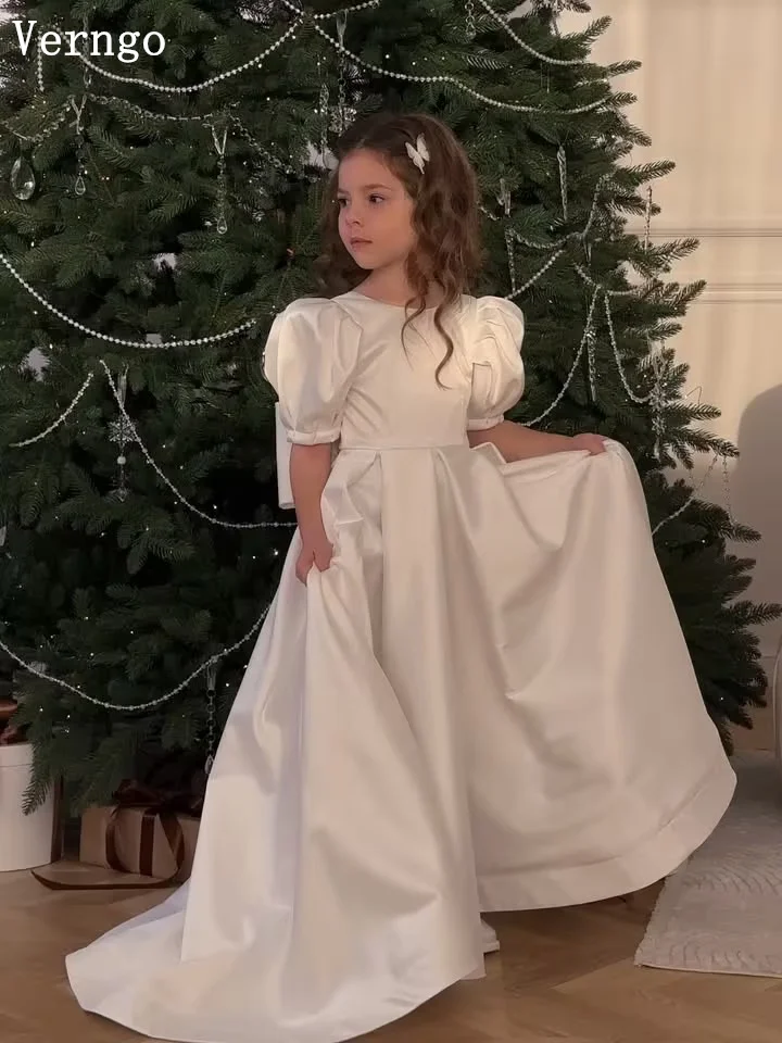 Verngo princesa marfil satén niña vestido de flores cuello redondo una línea vestidos de baile celebridad vestidos de fiesta de cumpleaños chico personalizado