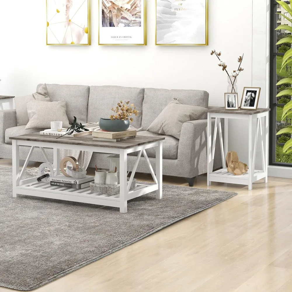 

farmhouse coffee table and end table set, oak grey wooden living room furniture with slats base, oak grey