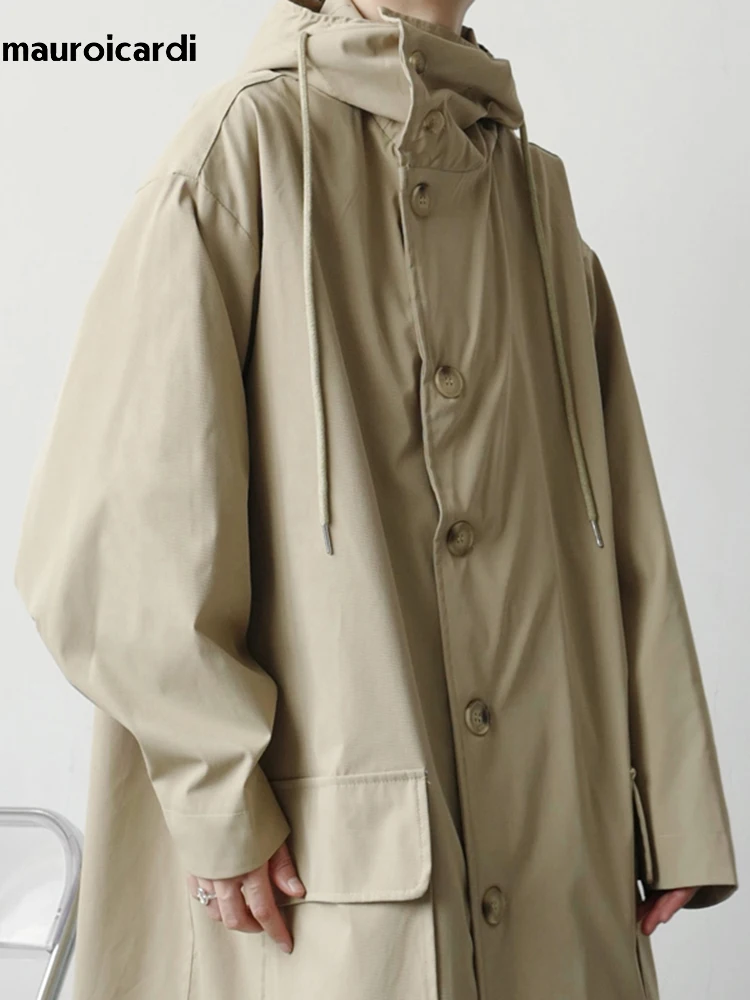 Mauroicardi Spring Autumn Long Black Khaki Oversized Trench Coat Men with Hood Pockets Loose Casual Windproof Windbreaker 2023