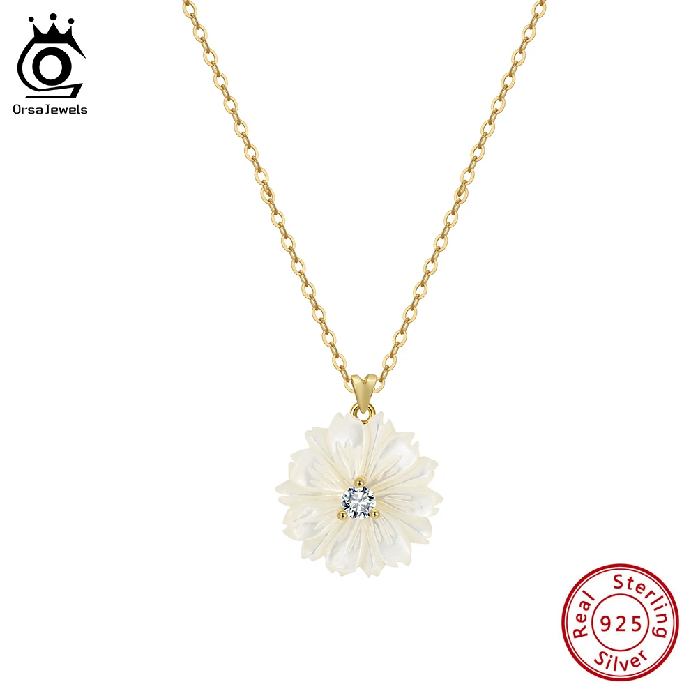 

ORSA JEWELS Vintage Shell Flower Pendant Necklace with Zircon for Women S925 Silver Party Wedding Chic Jewelry Set SPSN15
