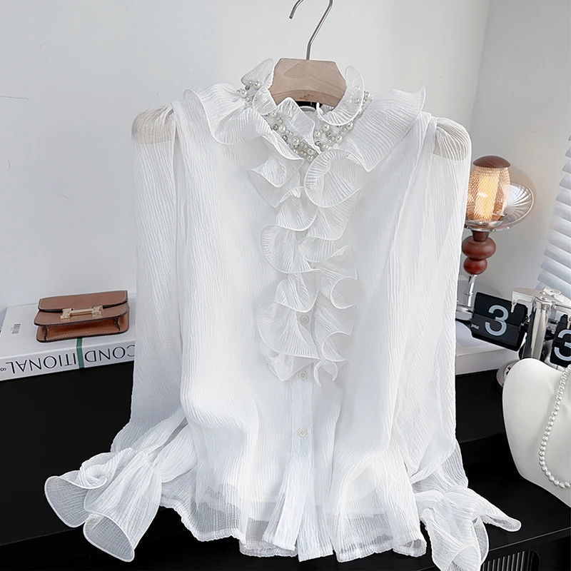 

Long Sleeve Ruffles White Shirts Women Beaded Flare Sleeve Textured Tops Blouse 2026 New Tierred Elegant Casual Shirts Female
