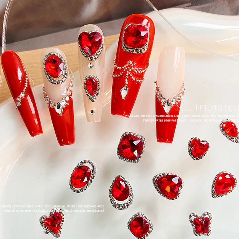 10Pcs Shiny Red Hearts Nail Rhinestone 3D Metal Water Droplets  Butterfly Crystal Wedding Nail Decoration Valentine's Day DIY