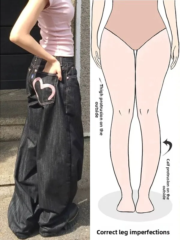 

High Waist Wide Leg Loose Fit Denim Jeans Women's Heart Design Pear Shape Body Casual Long Pants Vintage American Style