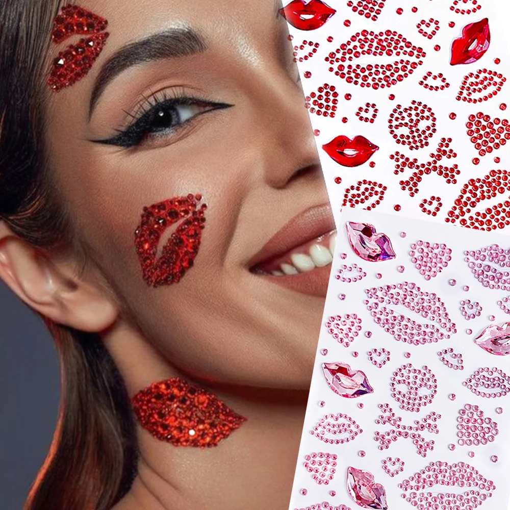 

1/2pcs 3D Kiss Heart Gemstone Face Tattoo Sticker Valentine's Day Sexy Red Pink Lip Design Adhesive Body Art Decal Facial Slider