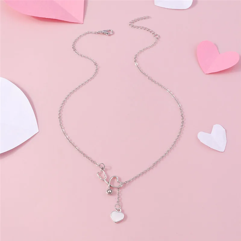 Aihua Trendy New Fashion Stethoscope Necklace Lariat Heart Pendant Silver Color Nurse Medical Necklace Collares