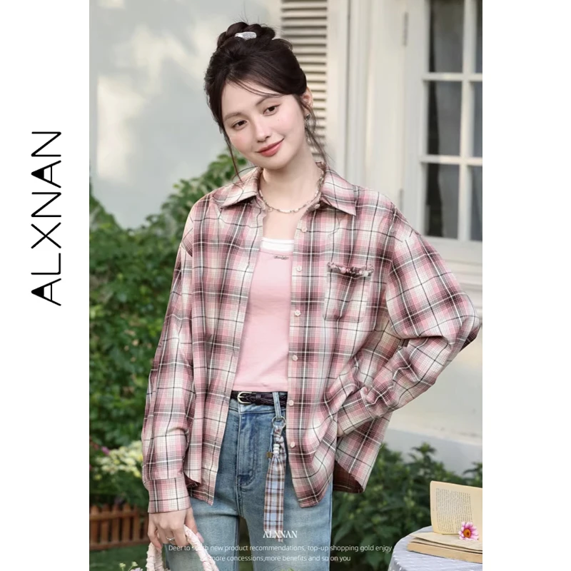 

Розовая клетчатая рубашка ALXNAN, женская хлопковая блузка с длинными рукавами, 100% хлопок, винтажная блузка, повседневная свободная блузка с карманами и бисером, женские топы L61808