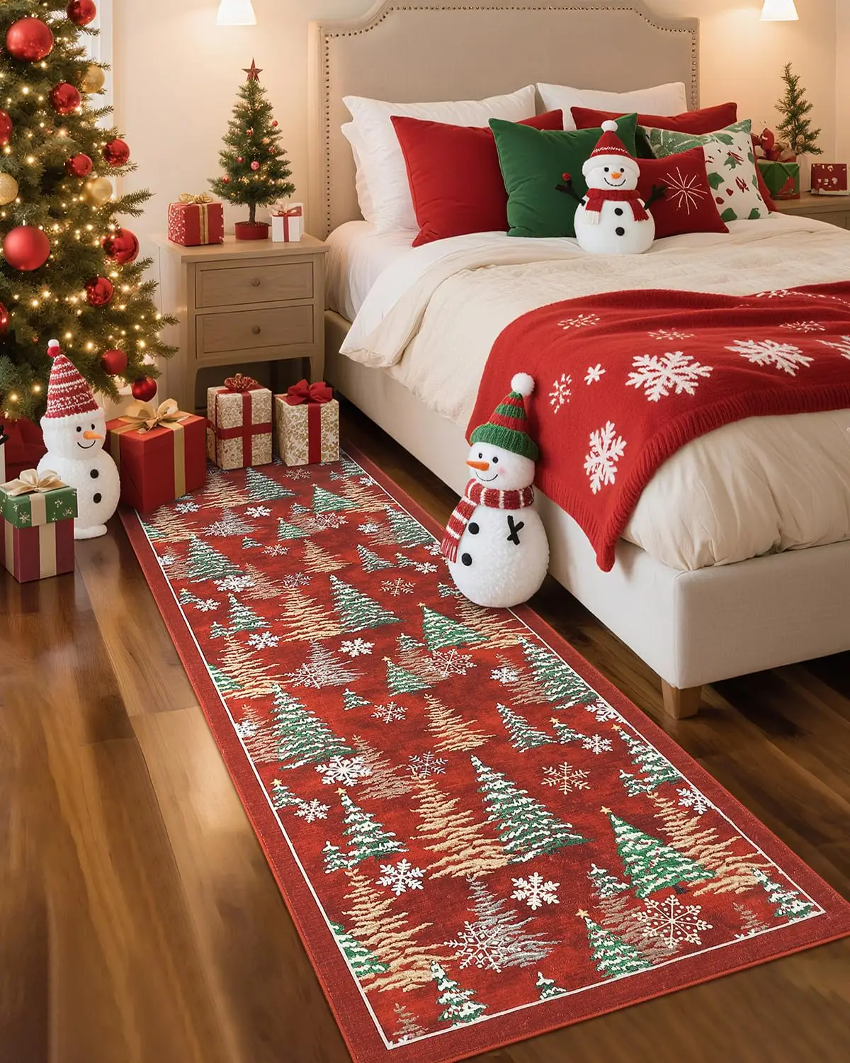VIKAMA Red Christmas Kitchen Runner Rug Non Slip Washable Low Pile Soft Holiday Carpet for Bedroom Laundry Room Home Decoration