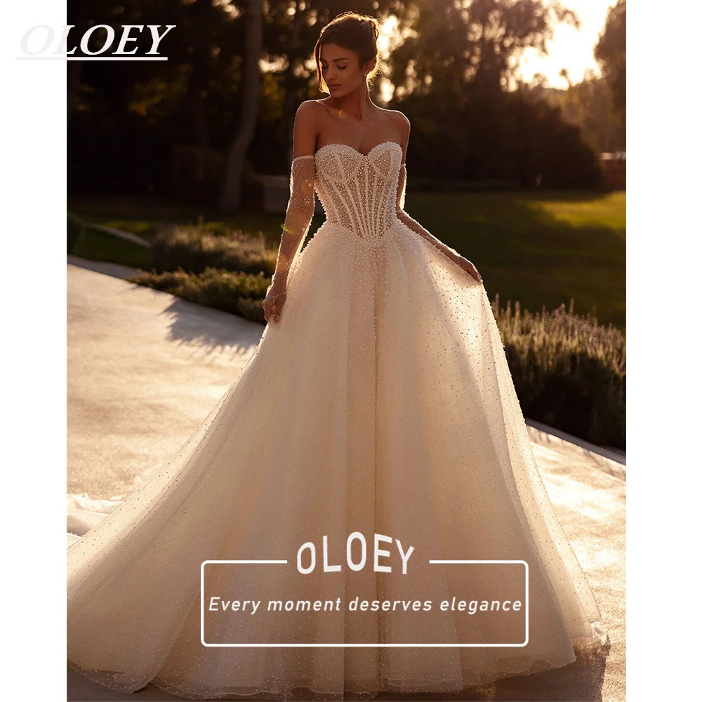OLOEY Luxury Sequines Pearls Lace Wedding Dress Sweetheart Neck A-Line Bridal Gown with Gloves Robe De Mariage Customized