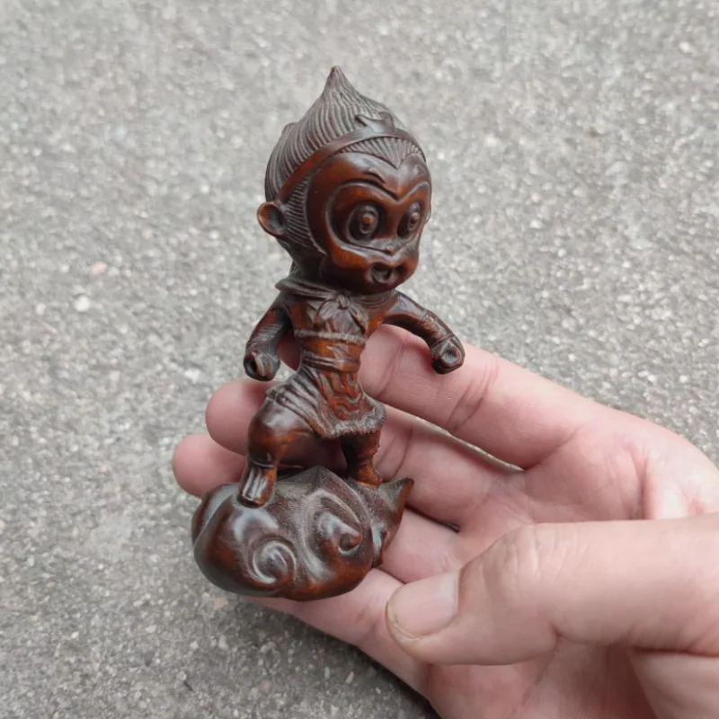 Vintage Art Chinese Wooden Statue Lovely Woodwork Cute Monkey King Carved Gift