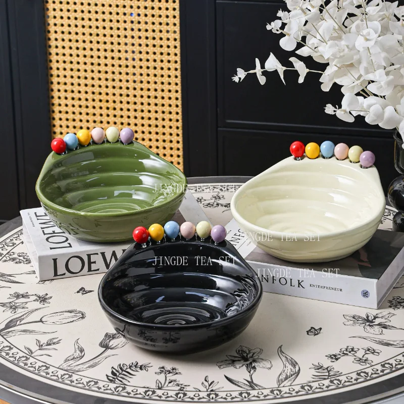 Fruit Bowl Set with 6 Forks Ceramic Fruit Plate with Fork Holder Creative Snack Bowl with Colorful Beads for Kitchen Tableware
