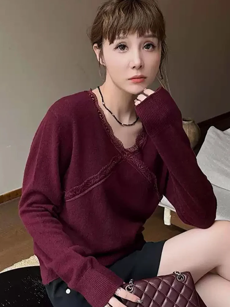 

Faionable Lace Splice Long Sve Knitted Sweater Top Early Autumn Youthful Slimming Inner Wear Base irt Korean Sle Str...