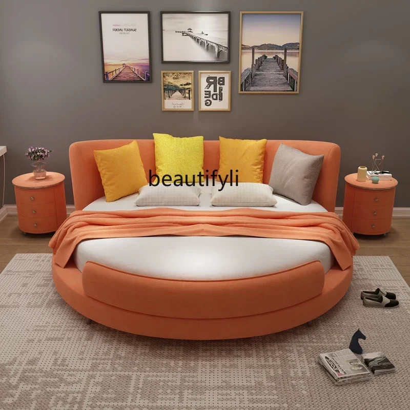 

Large round Double Modern Minimalist Fabric Bedroom Fashion round Bed Small Apartment Couple 1.8 M 2.2 Marriage Bed