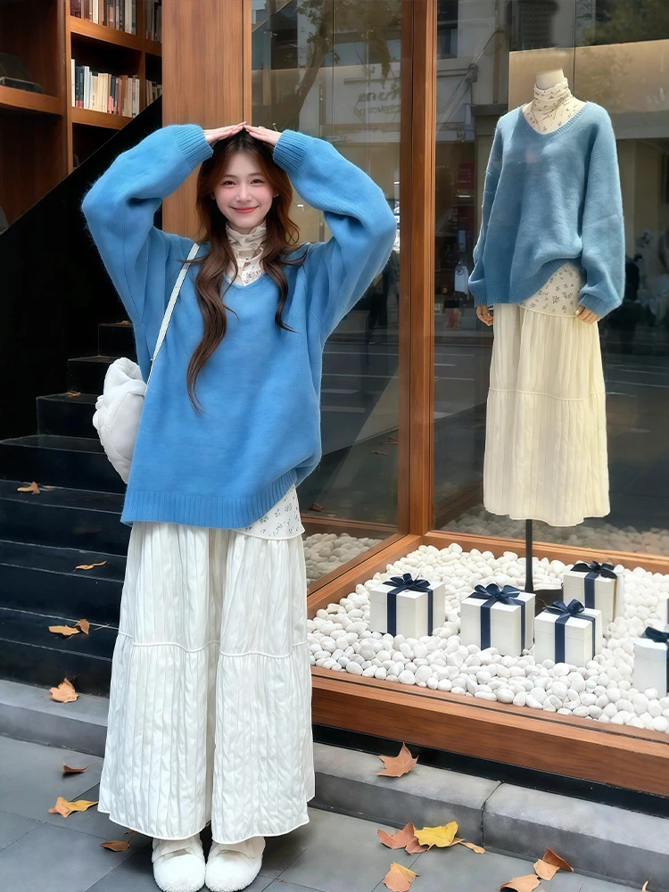 

Комплект женской одежды больших размеров: юбка с высокой талией и длинный свитер с цветочным принтом, синий, корейский стиль, зимний, теплый, из полиэстера