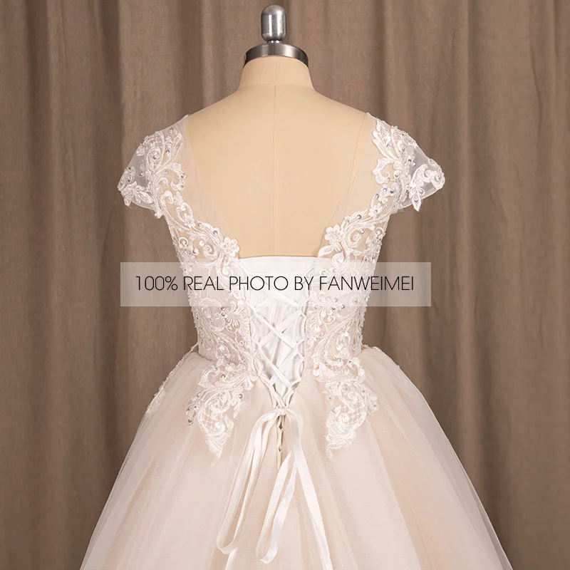 Vestido de novia coreano con cuello redondo, blanco, champán y marfil, línea A, encaje, Espalda descubierta, 7731