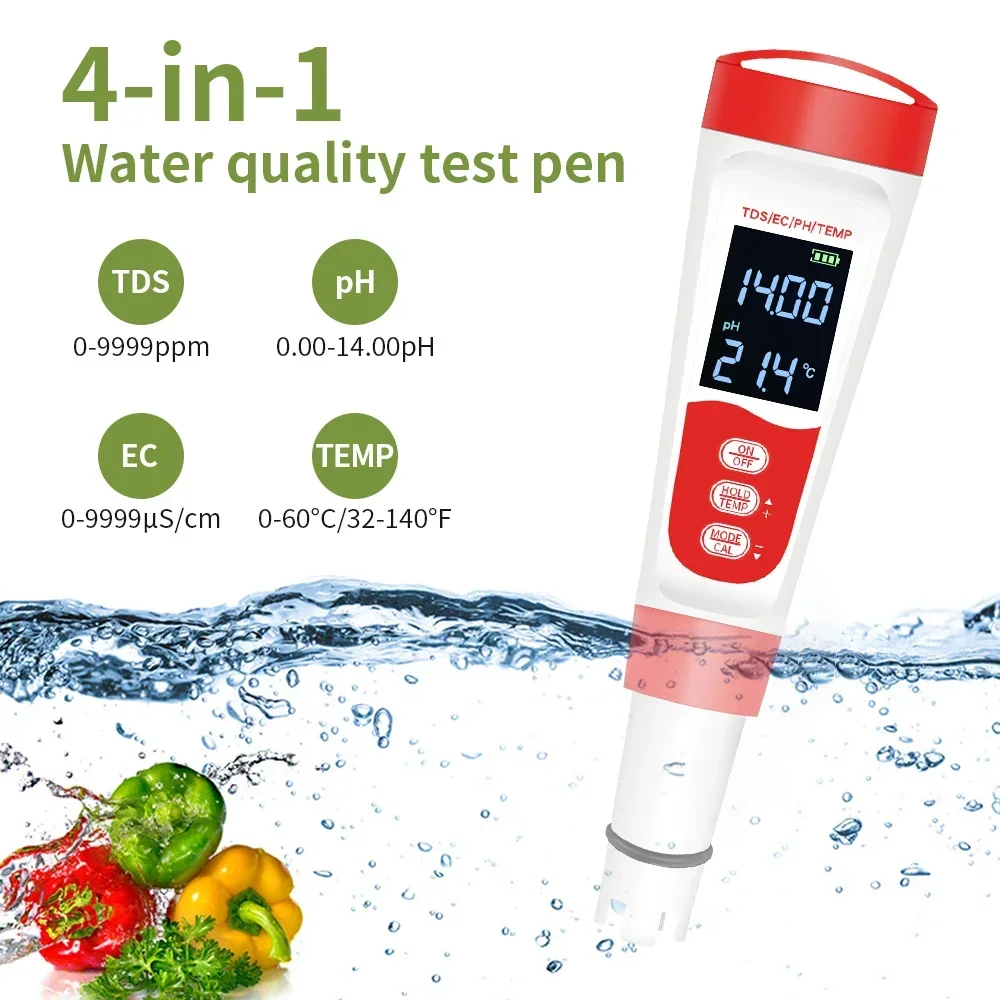 4 in1 PH Temperature TDS EC PH Meter Digital Waterproof Water Quality PH Tester Water Purity Testing Pen For Pools Aquaculture