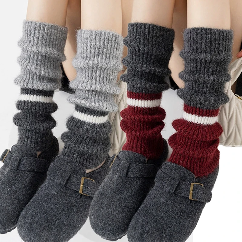 

Winter Warm Knitted Leg Warmers Harajuku Retro Contrasting Pile Calf Sock Cashmere Hosiery Boot Leg Cover Women Casual Stockings