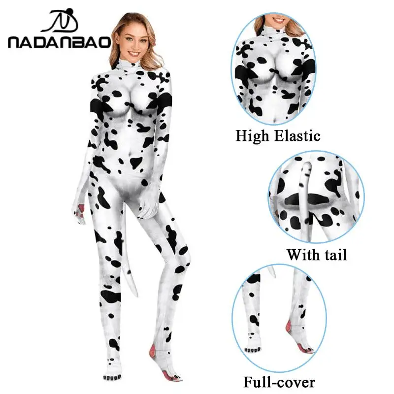 NADANBAO Dalmatians Women Cosplay Costumes Animal Milk Cow Halloween Cartoon Catsuits with Tail Zentai Full Bodysuits