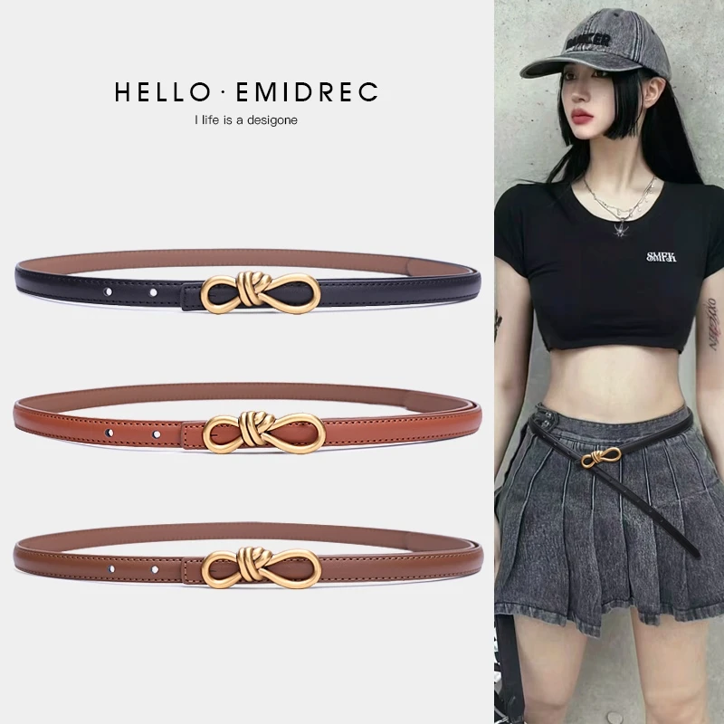 

Korean Women Genuine Leather Belt Knotted Waist Belt with Adjustable Corset and Geometric Butterfly Gold Buckle