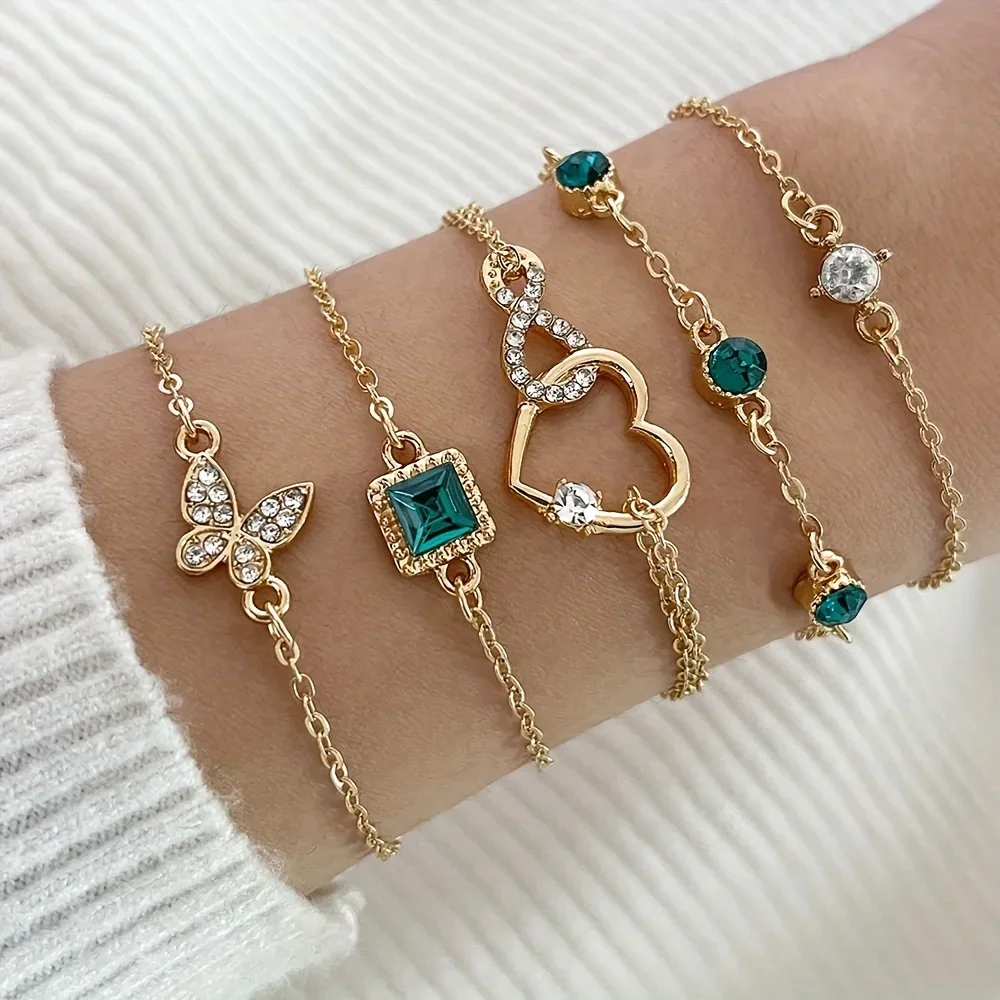 5Pcs Exquisite Rhinestone Butterfly Bracelet Fashion Multilayer Metal Chain Green Crystal Stone Bracelet Women's Wedding Jewelry