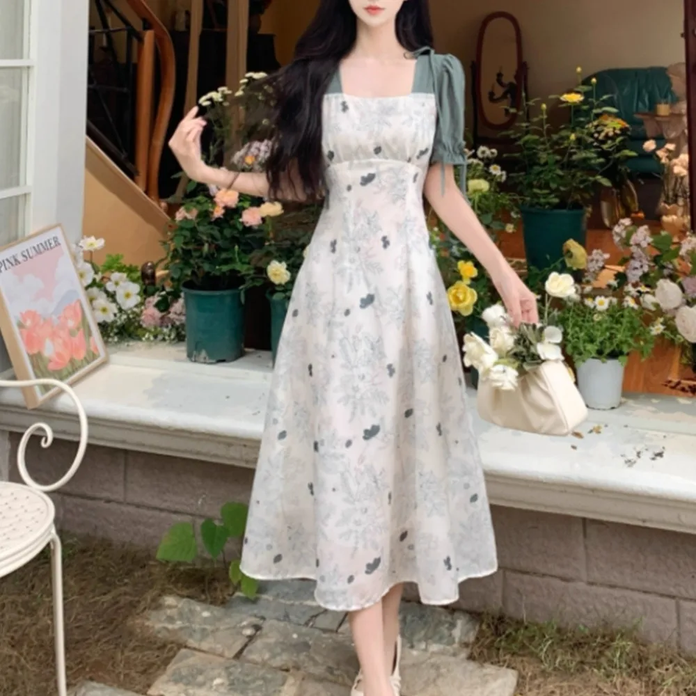 Retro Blumendruck Maxi Dr Gentle ort Sve Patchwork Damen Sommer Dr Korean Sle Commute Bubble Sve Square Co...