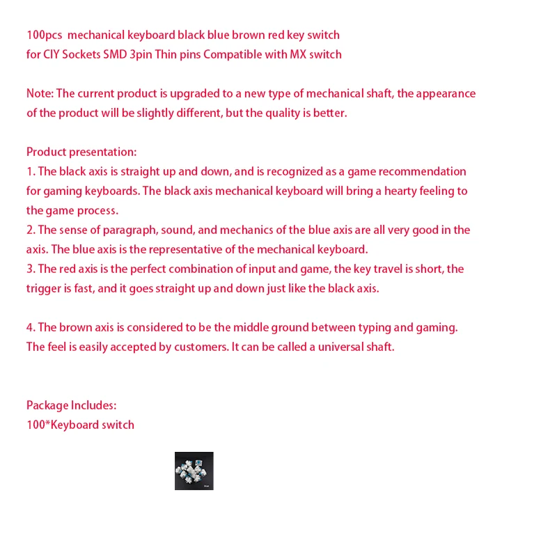 

100 шт. механическая клавиатура, черный, синий, коричневый, красный переключатель для CIY, разъемы SMD, 3 контакта, тонкие контакты, совместимые с переключателем MX