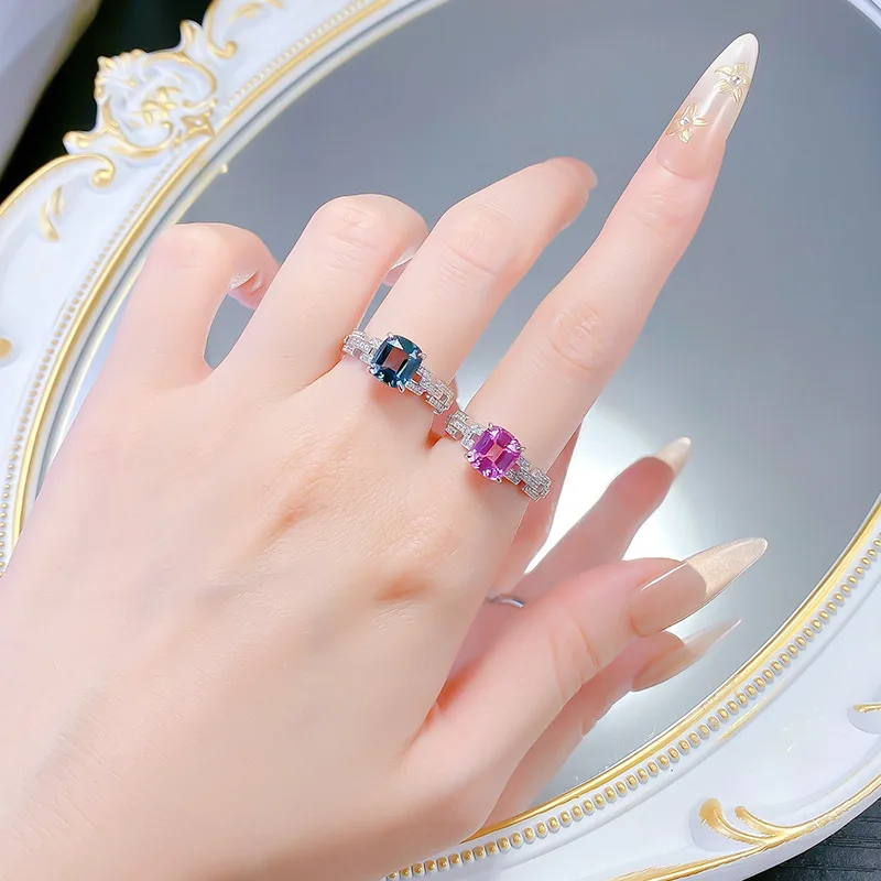 Xiaoyan cultivates a new 100% S925 silver 7 * 8mm square powder emerald ring as a women's anniversary commemorative gift