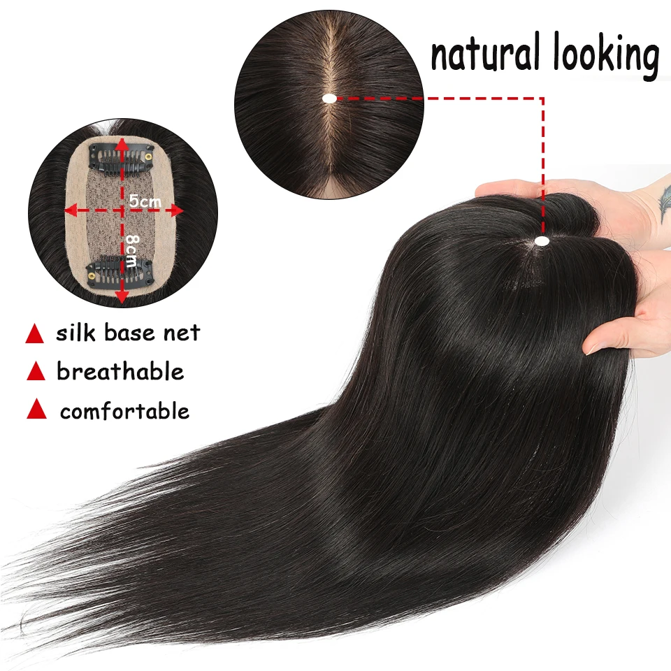 Dazzeal Human Hair Topper Black Straight Hair Extensions 5x8 Silk Base Lace Human Hair Toppers For Women 360°Cover Thinning Hair