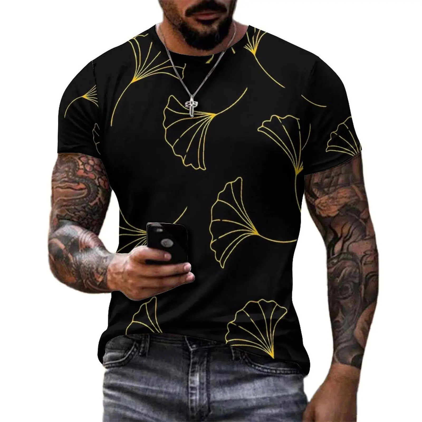 Ginkgo Biloba T-Shirt Gold Leaf Print Fashion T Shirts Man Basic Tshirt Summer Short Sleeve Graphic Top Tees 4XL 5XL 6XL