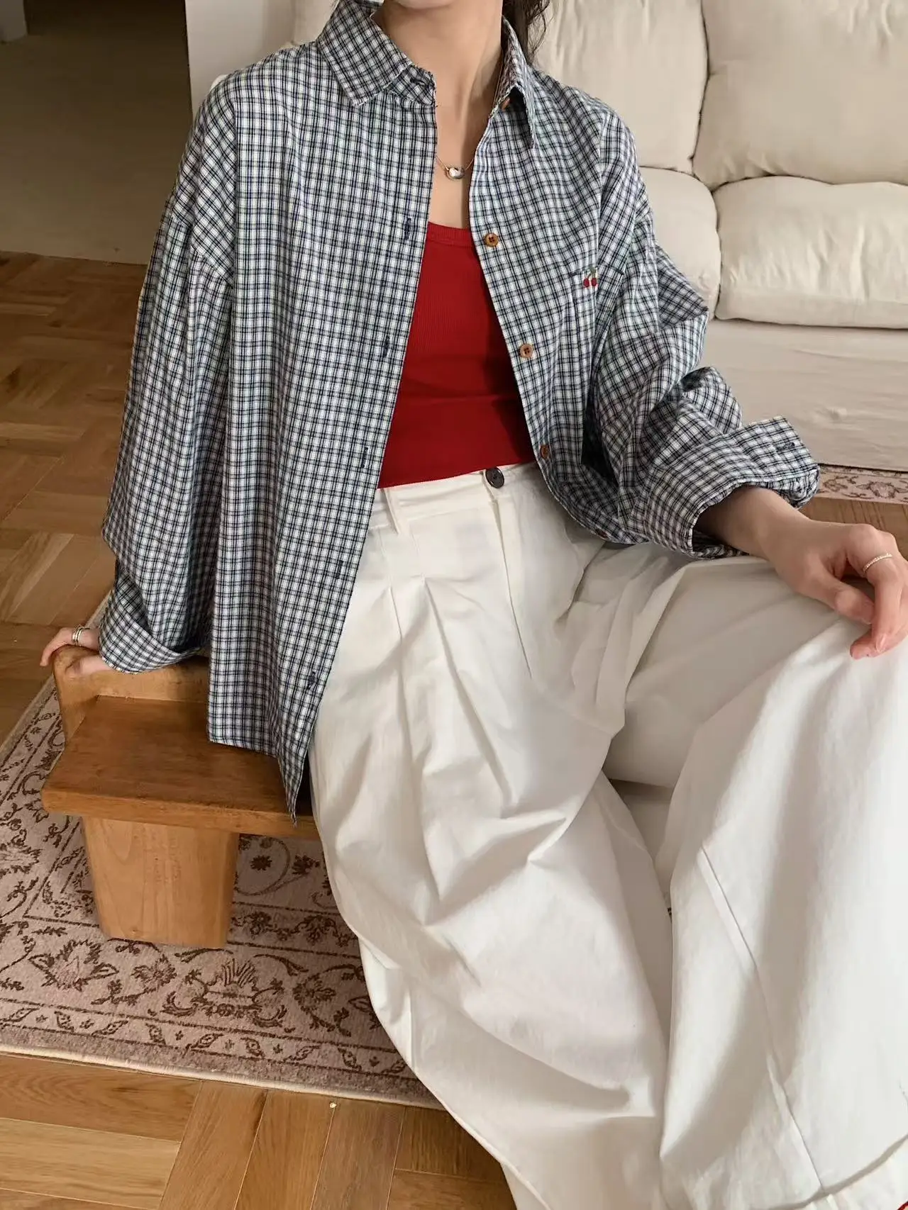 

Повседневная женская рубашка свободного кроя с вышивкой и клетчатым узором, весенняя модная верхняя одежда в корейском стиле с отложным воротником для многослойных образов
