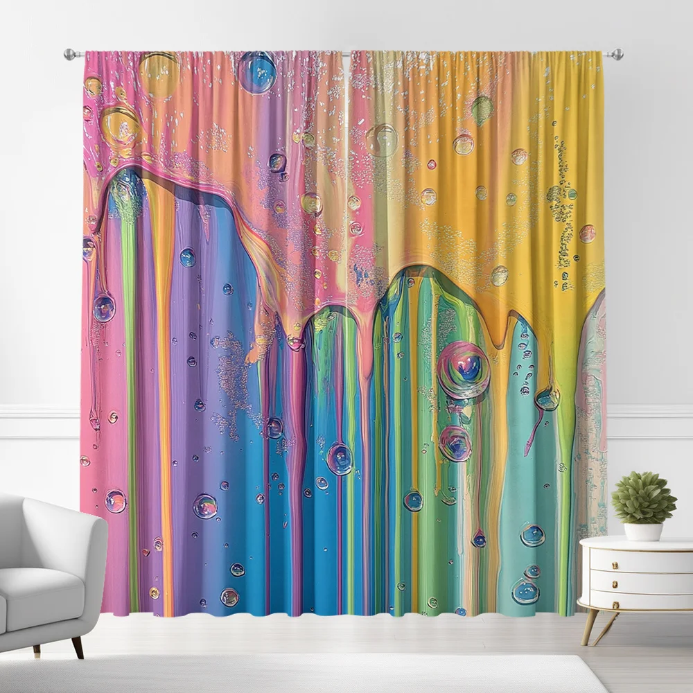 2pcs Vibrant Dripping Paint & Bubble Art Print Curtains – Rod Pocket, Modern Abstract Home Decor for Kitchen, Cafe, Living Room