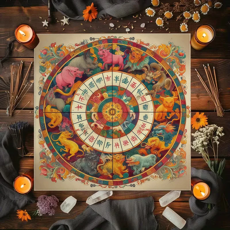 Chinese Style Twelve Zodiac Tarot Cards Altar Cloth Retro Rune Compass Tablecloth Oriental Destiny Divination Mat