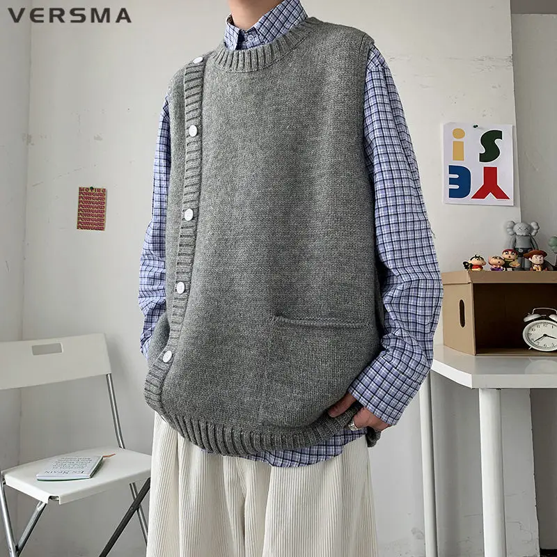 Versma Koreaanse Vintage Plain Crewneck Vest Voor Mannen Tank Top Zwart Gebreide Mouwloze Vrouwen Cropped Trui Met Knoppen