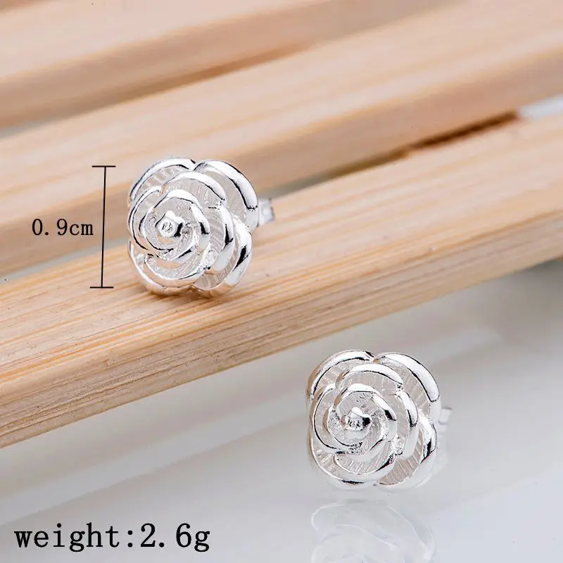 Hot 925 Sterling Silver Pretty Rose Flower Stud Earrings for Women Fashion Classic Party Wedding Jewelry Holiday Gifts