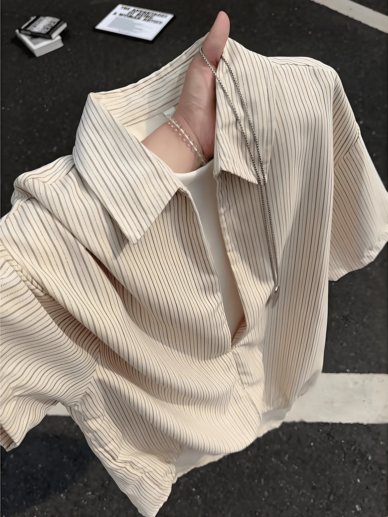 Loose Fit V-Neck Striped Shirt Short Sleeve Elastic Hem Half Open Front Fake Two-Piece Men's Summer Casual Style Breathable C...