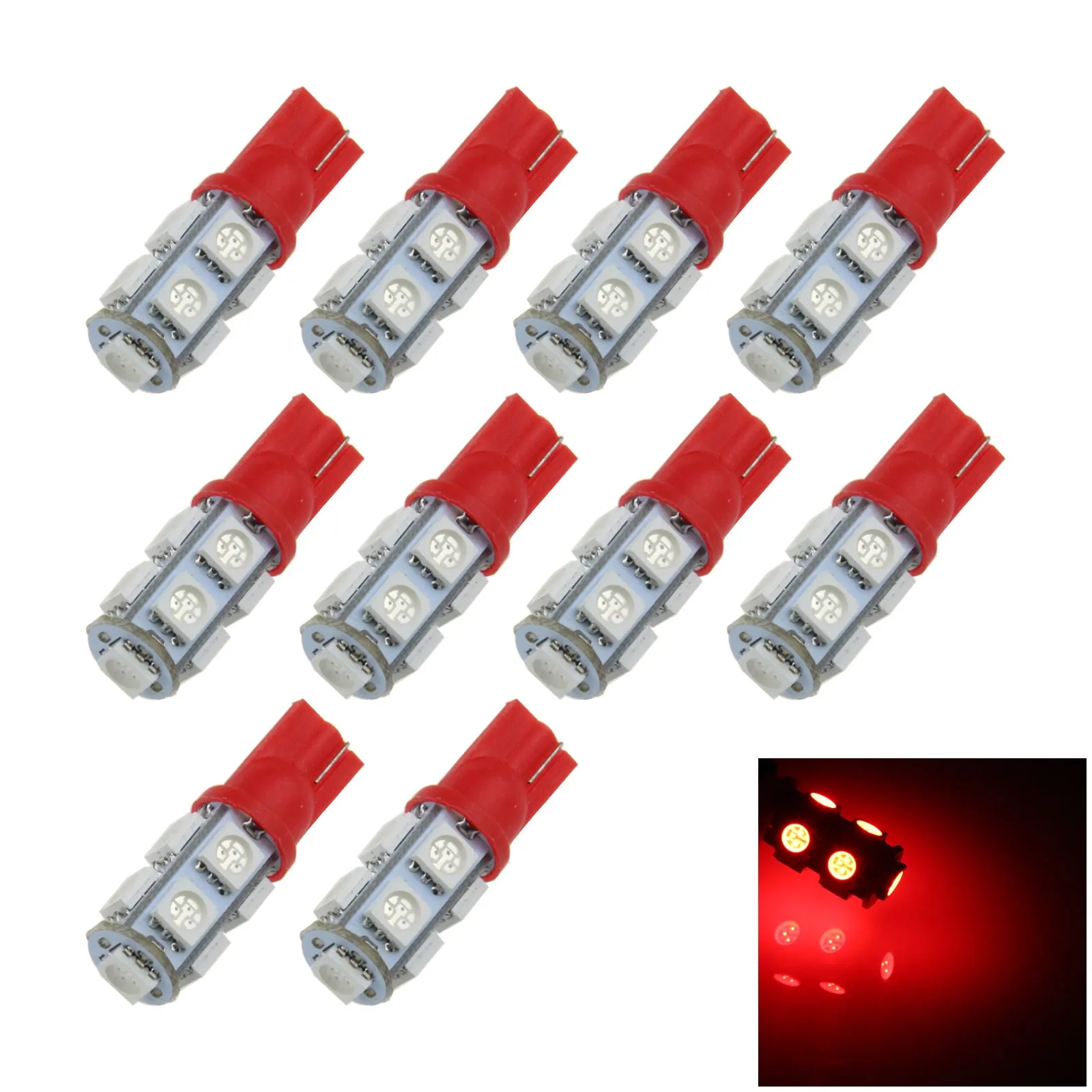 10x Red Car T10 W5W Side Light Lamp Marker Lamp 9 Emitters 5050 SMD LED 657 1250 1251 A010-R