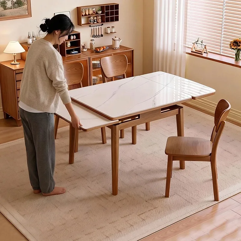 Retractable rock slab dining table, small household rectangular solid wood dining table