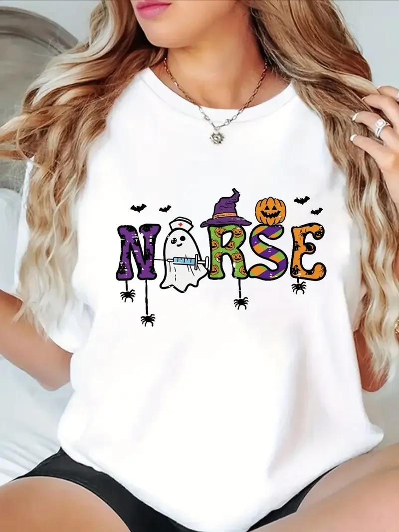 Women'S Nurse Themed Graphic T-Shirt Casual Crew Neck, Short Sleeve Top with Halloween Lightweight Fabric for Spring and Summer