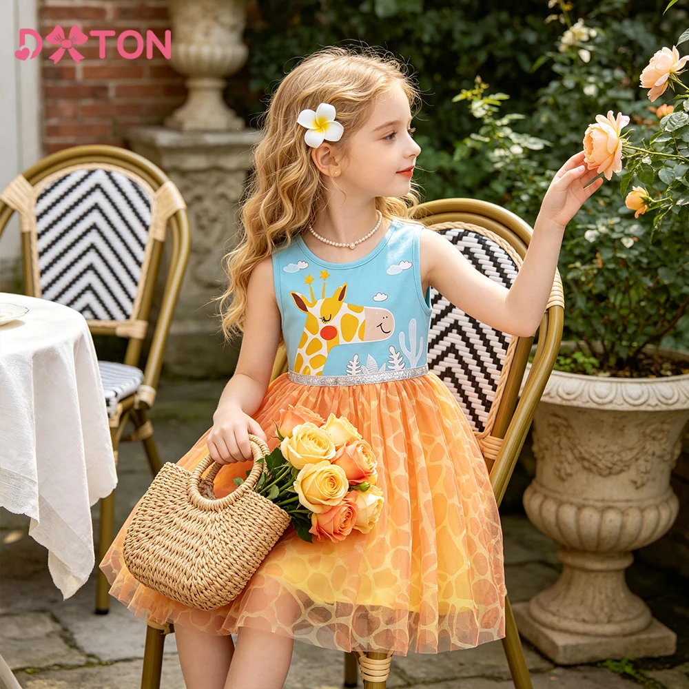 DXTON Baumwoll-Kinderkleid für Mädchen, Giraffe, ärmellos, Prinzessinnenkleid, kariert, Netzstoff, Patchwork, Tierdruck, Alltagskostüme für Kleinkinder