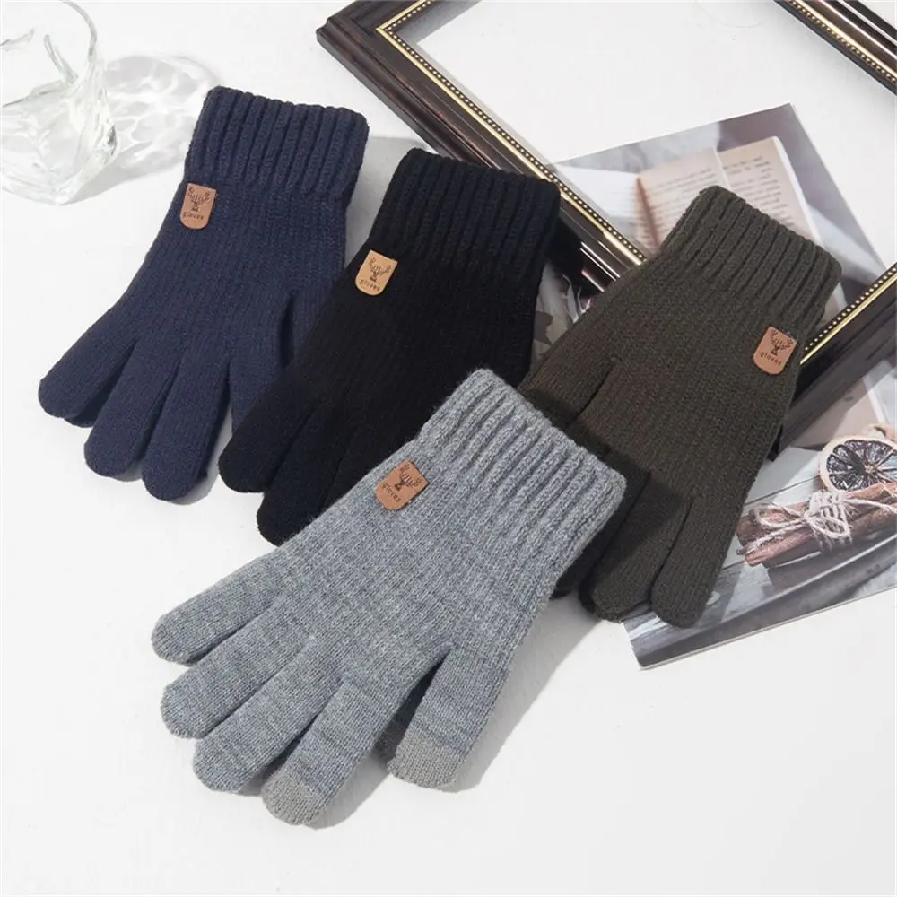 Autumn Winter Men Knitted Gloves All Finger Warm Mittens Wool Thick Windproof Cold Proof Touch Screen Riding Driving Gloves